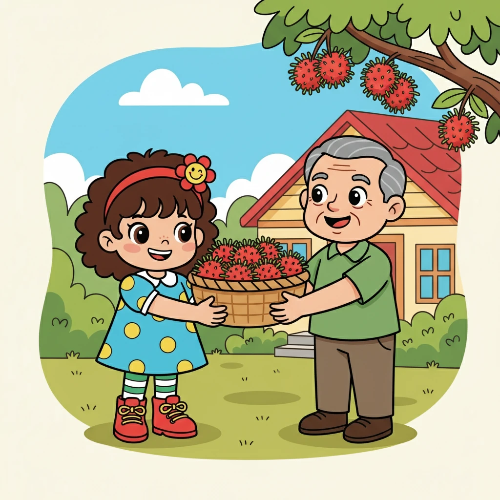 Kemudian, Tata juga mengunjungi tetangganya, Pak Budi. Pak Budi sangat senang menerima buah rambutan dari Tata.