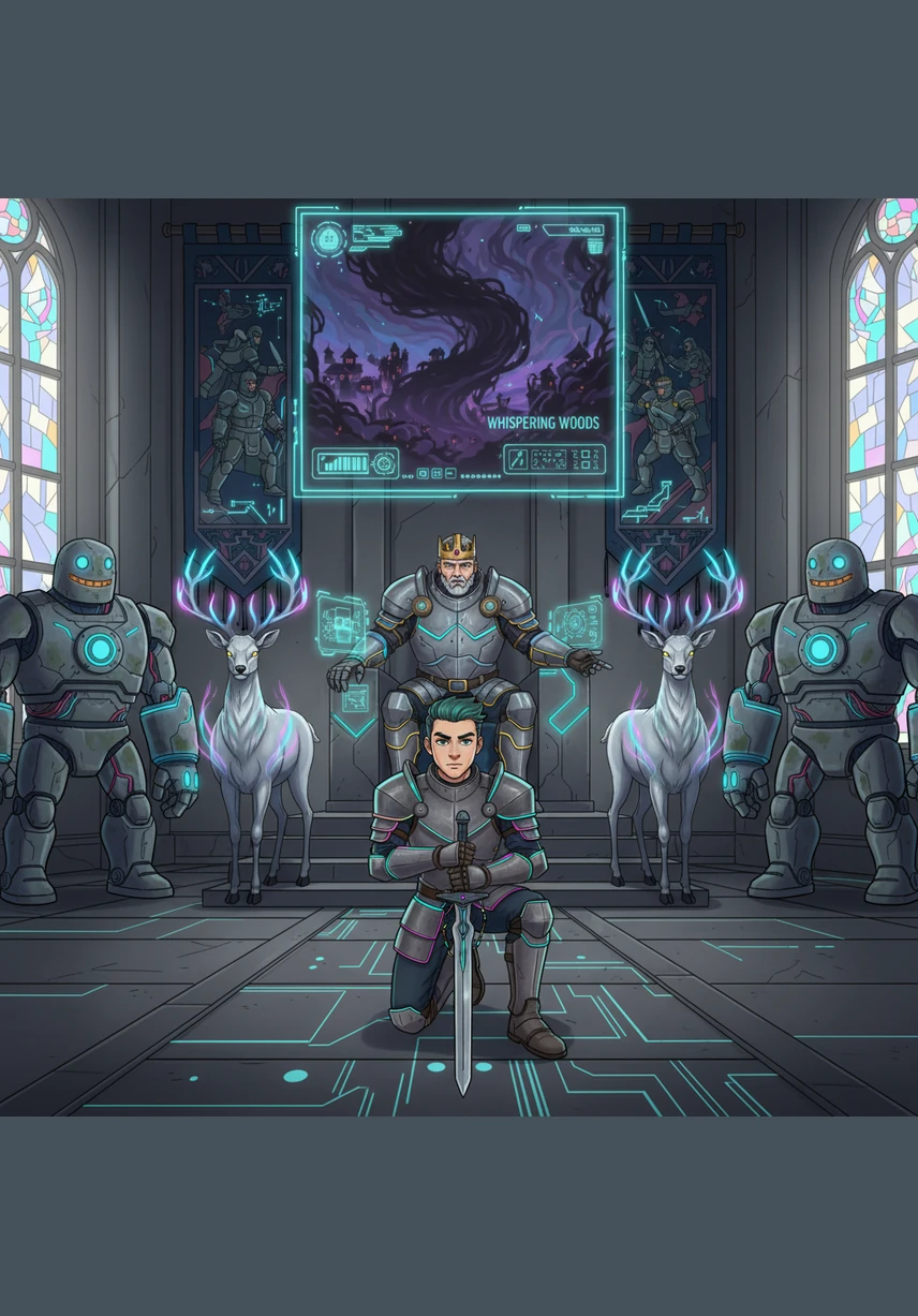 The King summons Ren to the Great Hall, where tapestries of ancient battles line the stone walls. With a heavy heart, the King explains that the Whispering Woods have fallen silent, and a strange mist is creeping toward the villages. Ren kneels, offering his sword and his life to investigate the mystery and save his people.