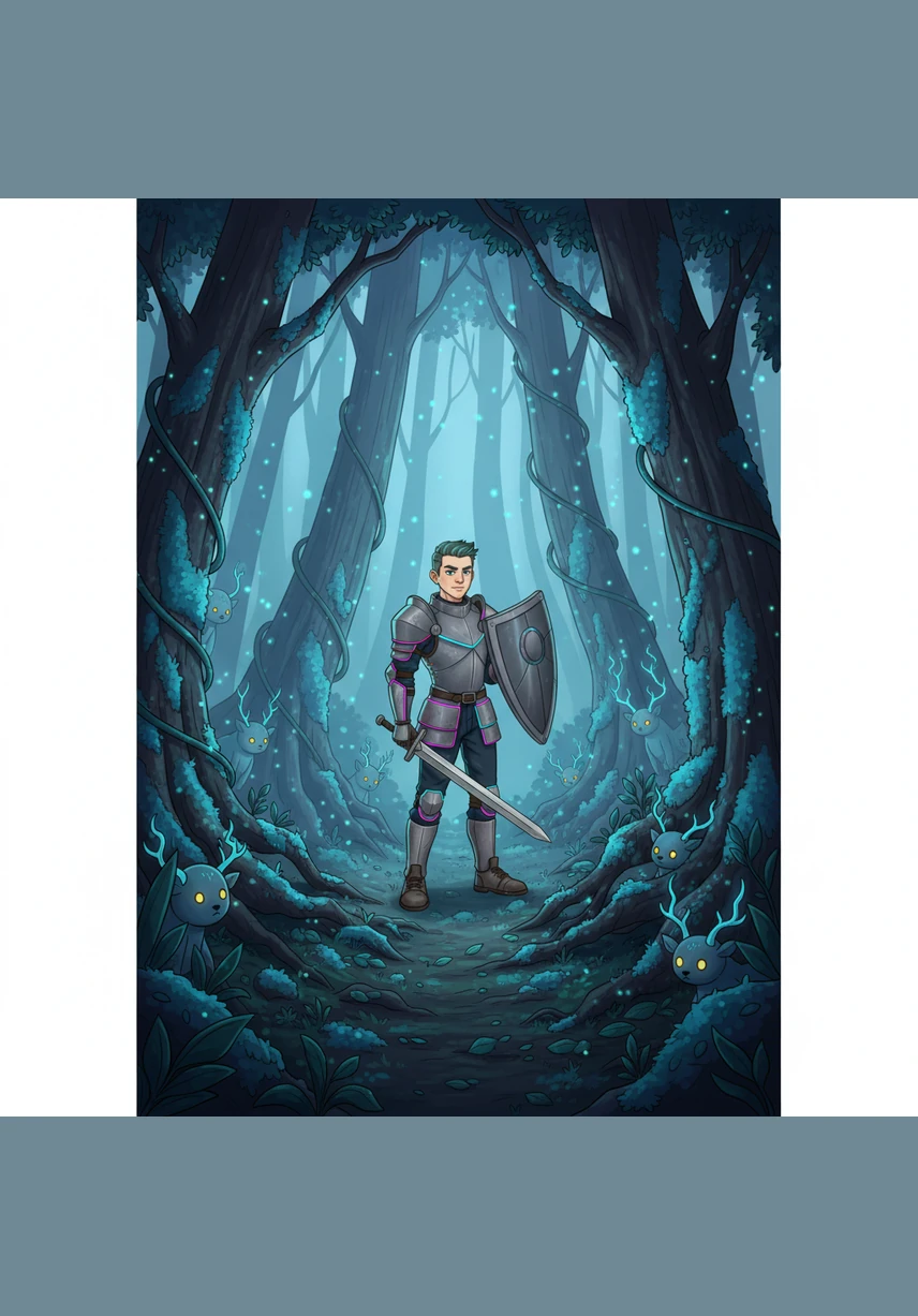 Ren enters the Whispering Woods, where the trees are tall and twisted, draped in glowing blue moss. The air is thick with magic, and small forest spirits watch him from the shadows with curious, glowing eyes. He holds his shield high, his boots crunching on the fallen leaves as he ventures deeper into the unknown.
