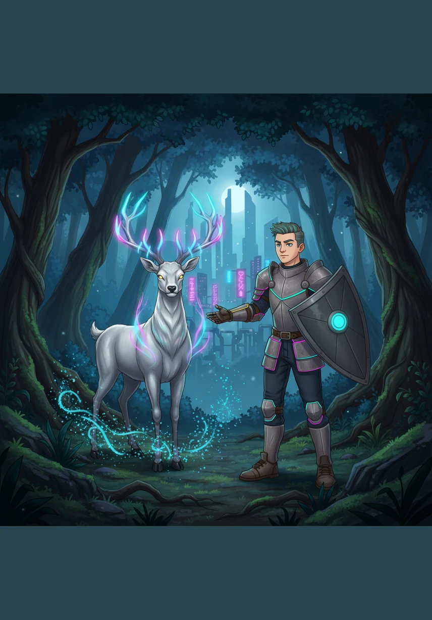 Deep in the forest, Ren encounters a majestic silver stag trapped in a thicket of enchanted thorns. Instead of using his sword for battle, he gently cuts the vines away, speaking soft words of comfort to the frightened creature. The stag bows its head in gratitude, its antlers shimmering with a light that pierces the surrounding gloom.