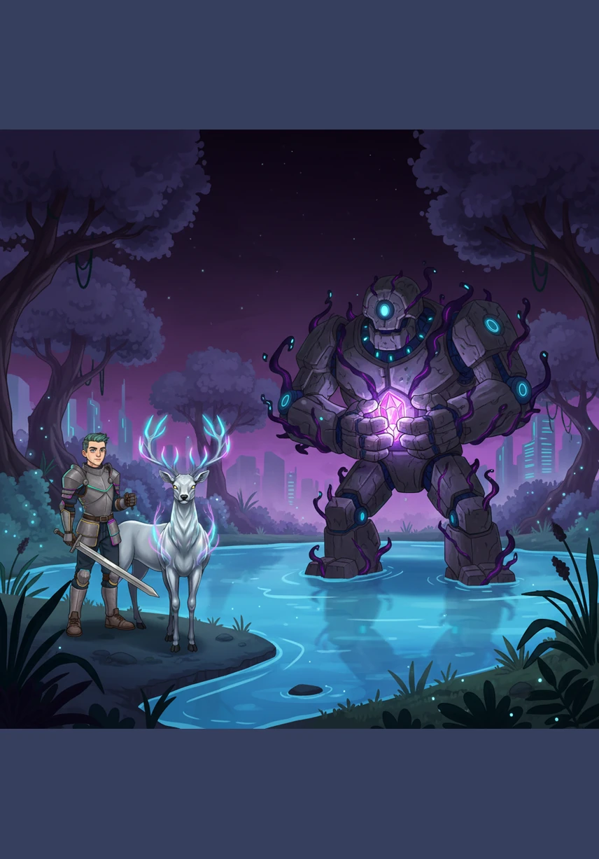 The silver stag leads Ren to the edge of a crystal-clear lake, where a dark shadow looms over the water. A massive stone golem, corrupted by dark energy, stands guard over a stolen relic that keeps the forest alive. Ren realizes that force alone cannot defeat the giant, and he must find a way to break the curse.