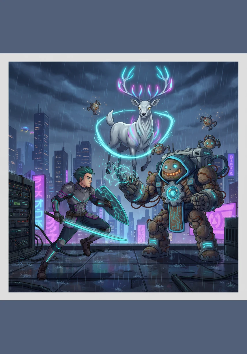 During the battle, Ren notices a cracked gem embedded in the golem's chest, pulsing with a sickly purple light. He dodges a massive stone fist and leaps onto the golem's shoulder, using the light from the silver stag's antlers to guide his aim. With a precise strike of his hilt, he shatters the corrupted gem, releasing the dark energy.