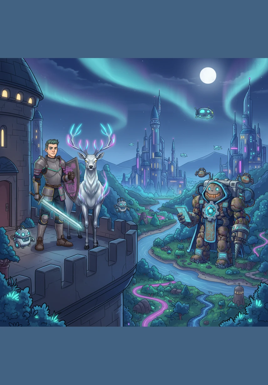 Under a sky filled with brilliant stars, Sir Ren Elinbor stands guard on the castle battlements, looking out over the peaceful kingdom. He knows that being a knight is not just about fighting, but about protecting the beauty and life of the world. With his moonbeam cloak shimmering, he prepares for a lifetime of adventures yet to come.