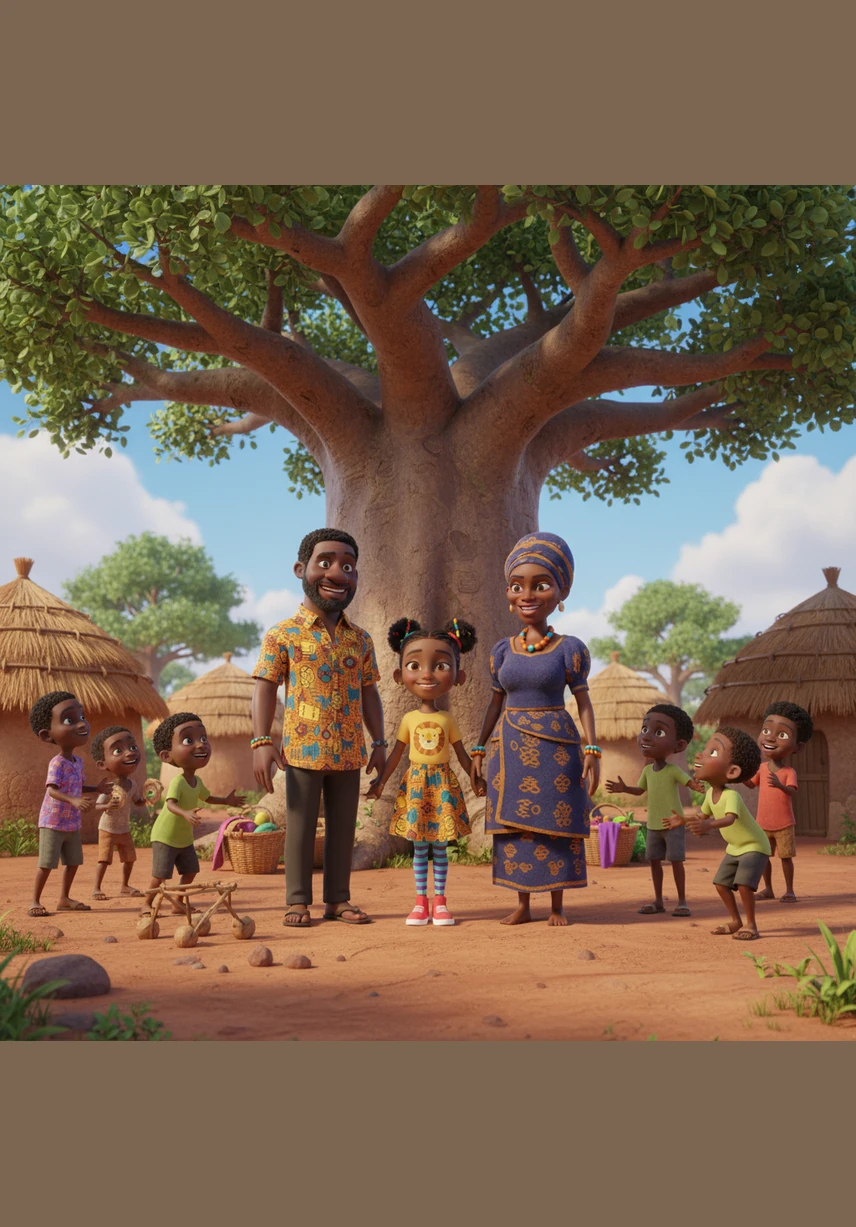 In a sun-drenched village nestled beneath the sprawling branches of ancient baobab trees, young Zola lived a life of simple joy with her father. Her laughter echoed through the red-earth paths, and her spirit was as bright as the colorful beads woven into her hair.