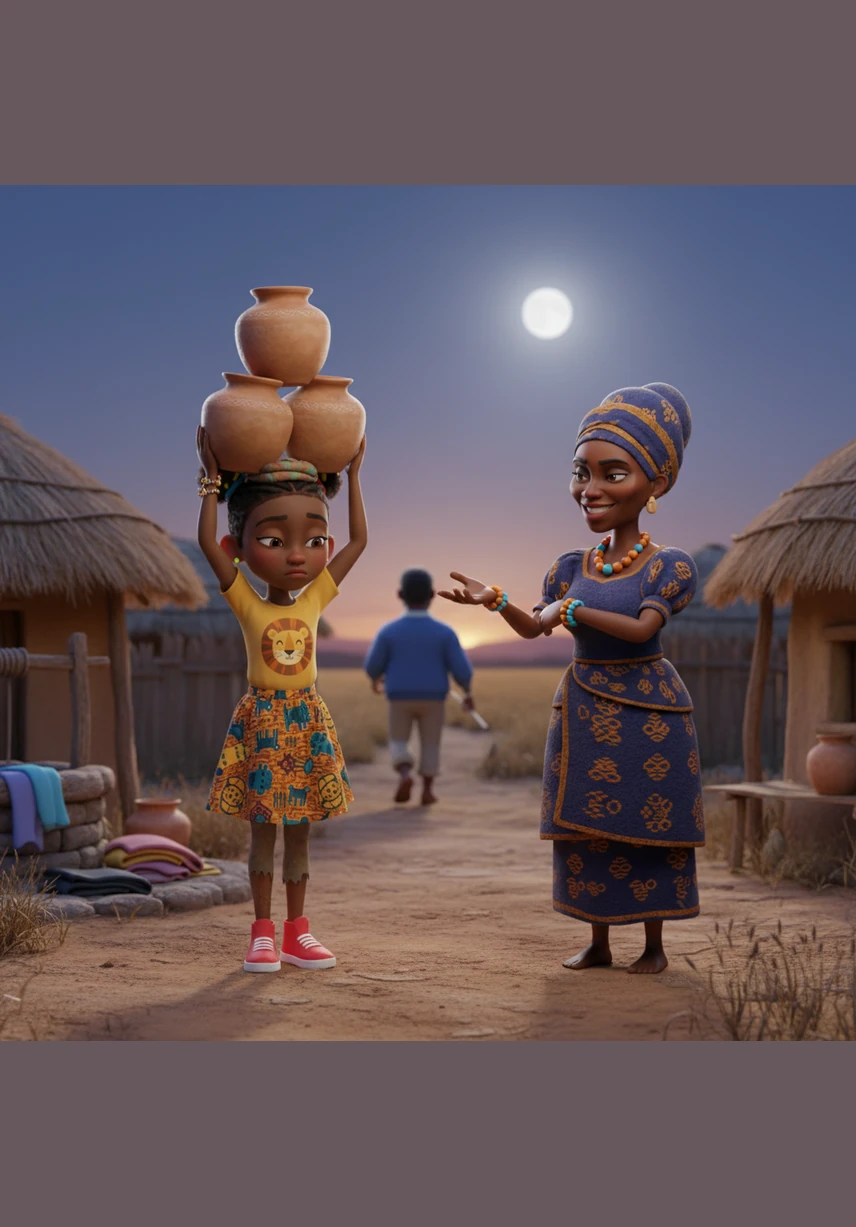 As soon as the father departed for the distant fields, the stepmother’s mask slipped, and her kindness vanished like mist. She burdened Zola with heavy clay pots and endless chores, forcing the young girl to work from the first light of dawn until the moon rose high in the sky.