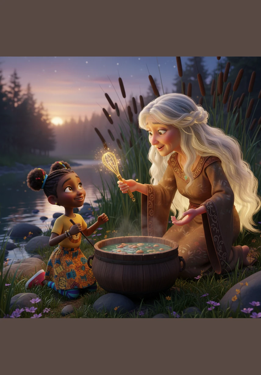 A wise old woman with silver hair and glowing skin appeared from the river reeds, moved by Zola’s gentle nature and perseverance. She handed Zola a golden whisk and whispered that she should brush the pot while singing songs of love and forgiveness instead of sorrow.