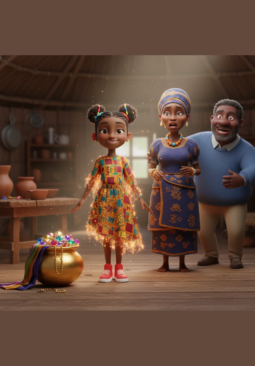 To the stepmother's absolute horror, the pot did not just turn white; it transformed into shimmering solid gold filled with precious jewels and silk. Zola stood tall as her tattered rags turned into the finest kente cloth that glowed with the colors of a thousand sunsets.