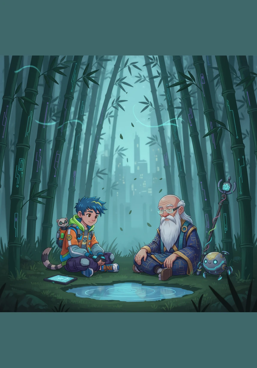 They sat together in complete silence, watching the ripples fade into nothingness. The only sound was the soft wind whispering through the tall green stalks of the bamboo forest.