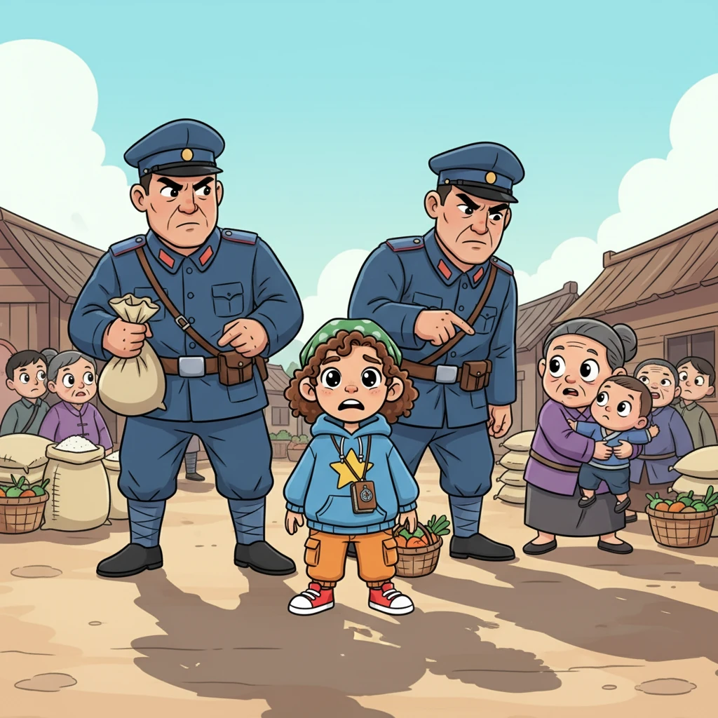 One day, stern-faced soldiers from the Kuomintang marched into their peaceful village, demanding food and supplies. Their presence was heavy and unsettling, casting long shadows over the villagers' hopeful faces. They took what they pleased, leaving behind a lingering sense of fear and injustice.