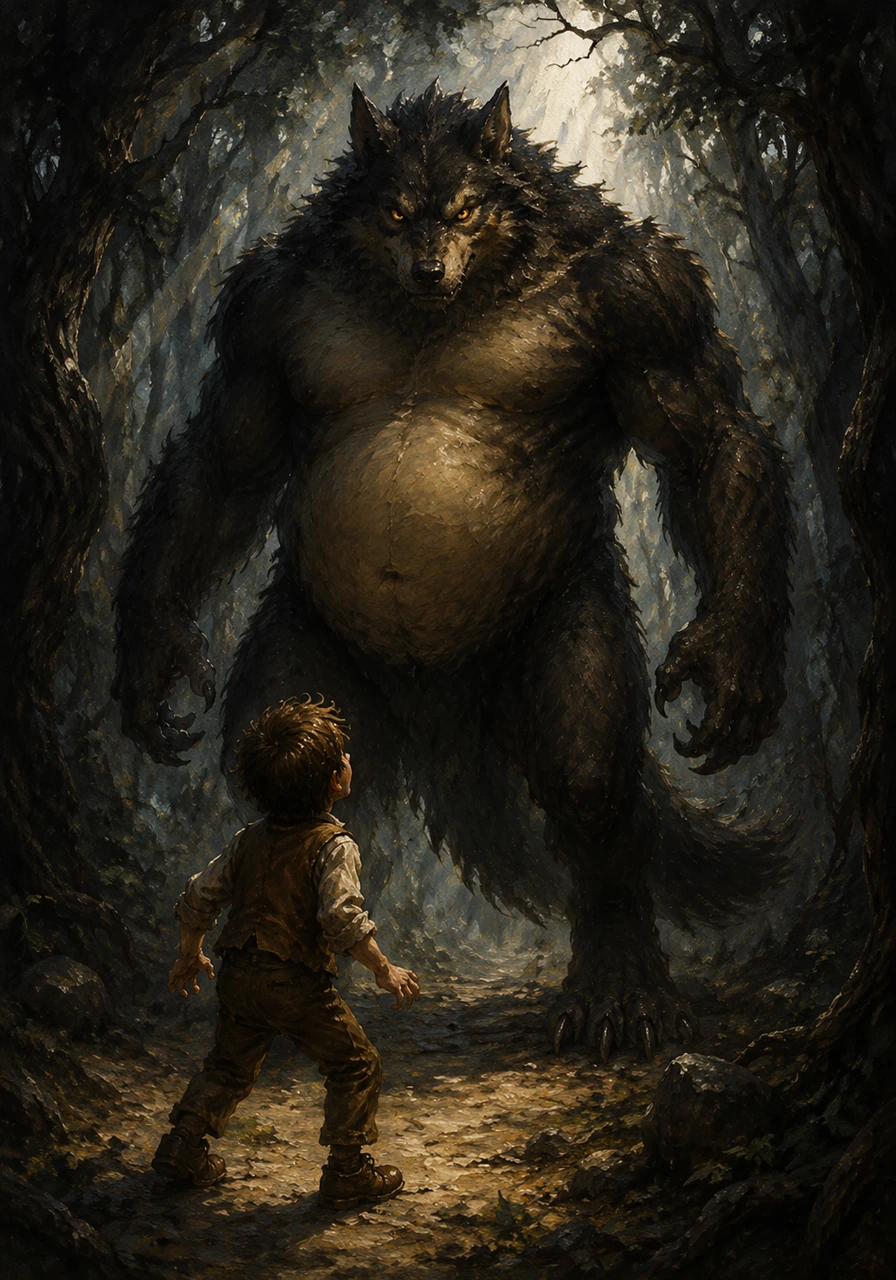 Leo ventured too deep into the Whispering Woods, unaware that a massive shadow was tracking his every step from the canopy. The air grew thick and heavy as a colossal, bipedal wolf beast stepped into the moonlight, blocking his only path of escape.