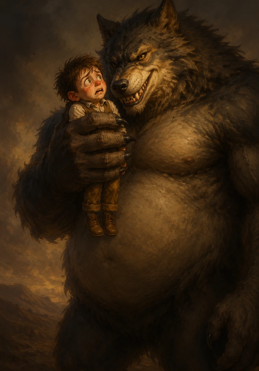 Frozen in terror, Leo could only watch as the towering creature reached down with a massive, clawed hand. With effortless strength, the wolf beast scooped up the tiny human, pinning his arms to his sides so he could not struggle.
