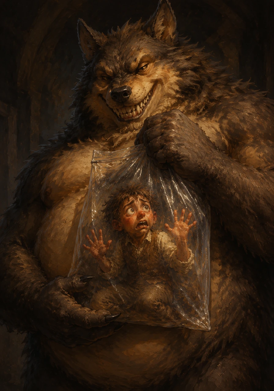 Trapped inside the airtight space, Leo pressed his hands against the thick plastic, looking up at the monster in desperation. The wolf beast chuckled deeply, bringing the bag closer to its massive, fur-covered body.
