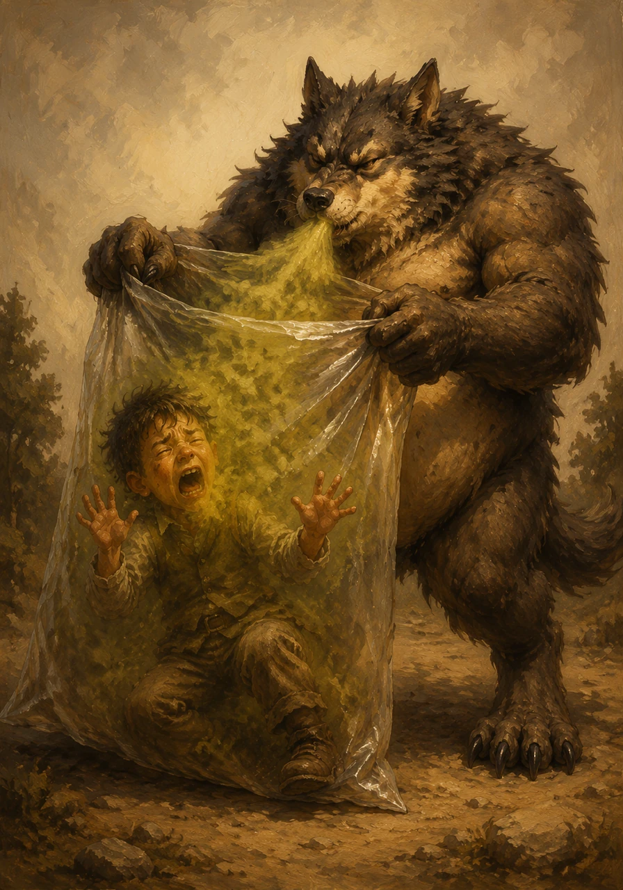A sudden, thunderous sound vibrated through the plastic as the wolf beast released a heavy, echoing burst of flatulence directly into the opening of the bag. The foul, choking gas swirled violently inside the confined space, overwhelming Leo's senses instantly.