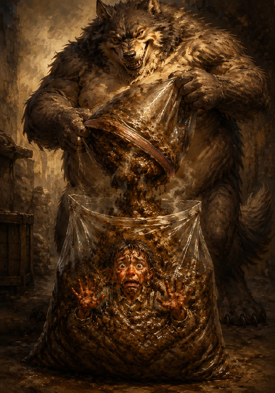 Before Leo could recover from the toxic fumes, the beast strained further, depositing a massive, wet load of solid waste into the bag. The immense weight and heat of the droppings pressed heavily against the plastic, completely surrounding the trapped human.