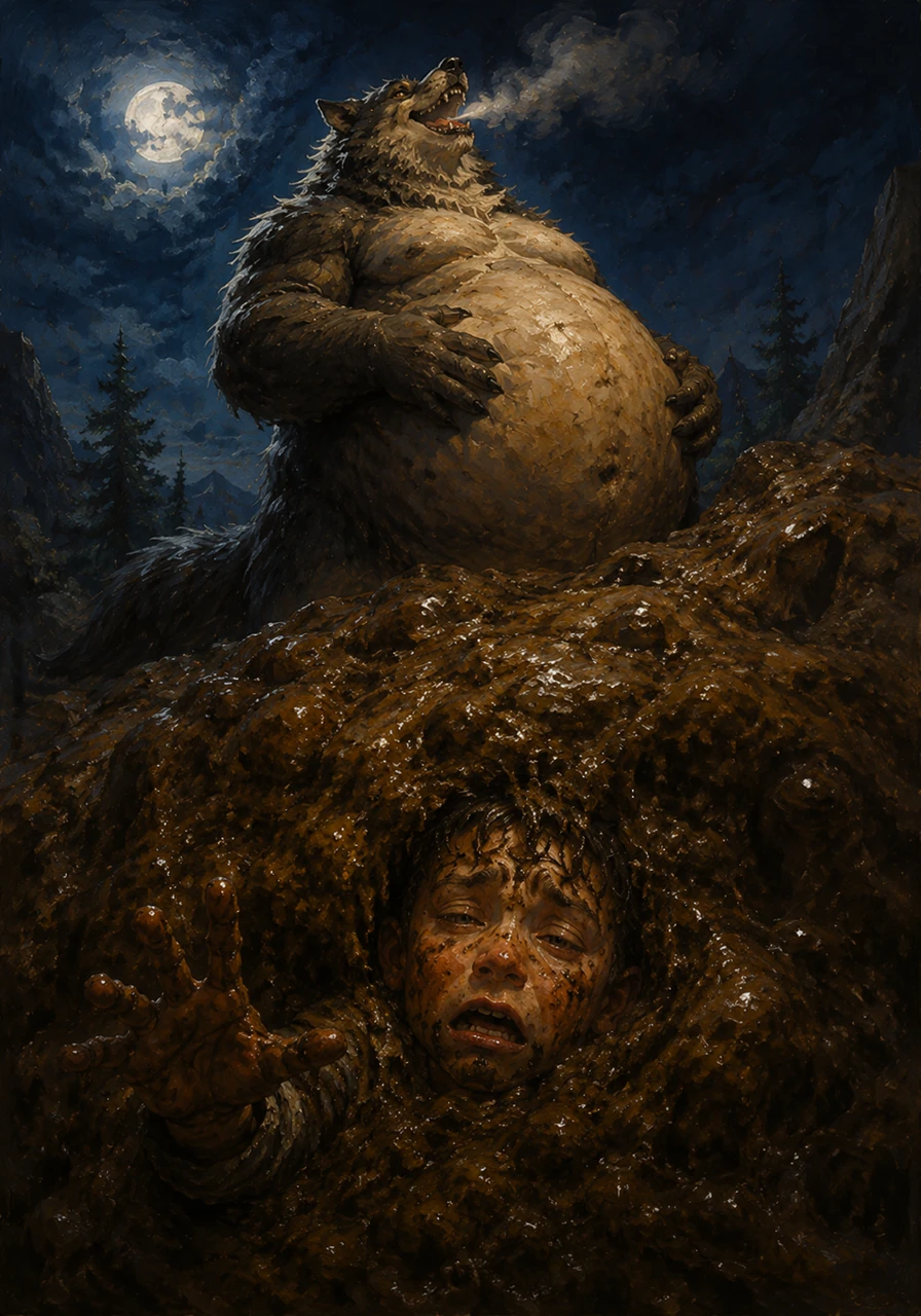 Leo struggled to keep his consciousness, his vision blurring as he lay buried under the overwhelming weight of the beast's waste. Outside, the giant monster patted its full stomach, letting out one final, resonant belch into the night air.