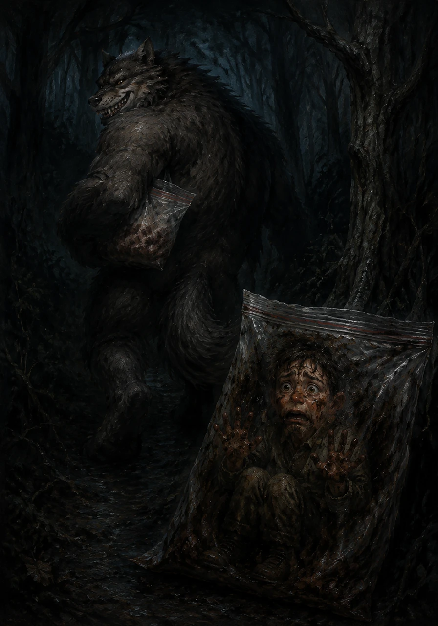 Tucking the heavily soiled zipper bag under its arm like a prized trophy, the wolf beast turned and melted back into the deep shadows of the forest. Leo remained trapped in the dark, a helpless captive to the primal and humiliating whims of the wilderness.