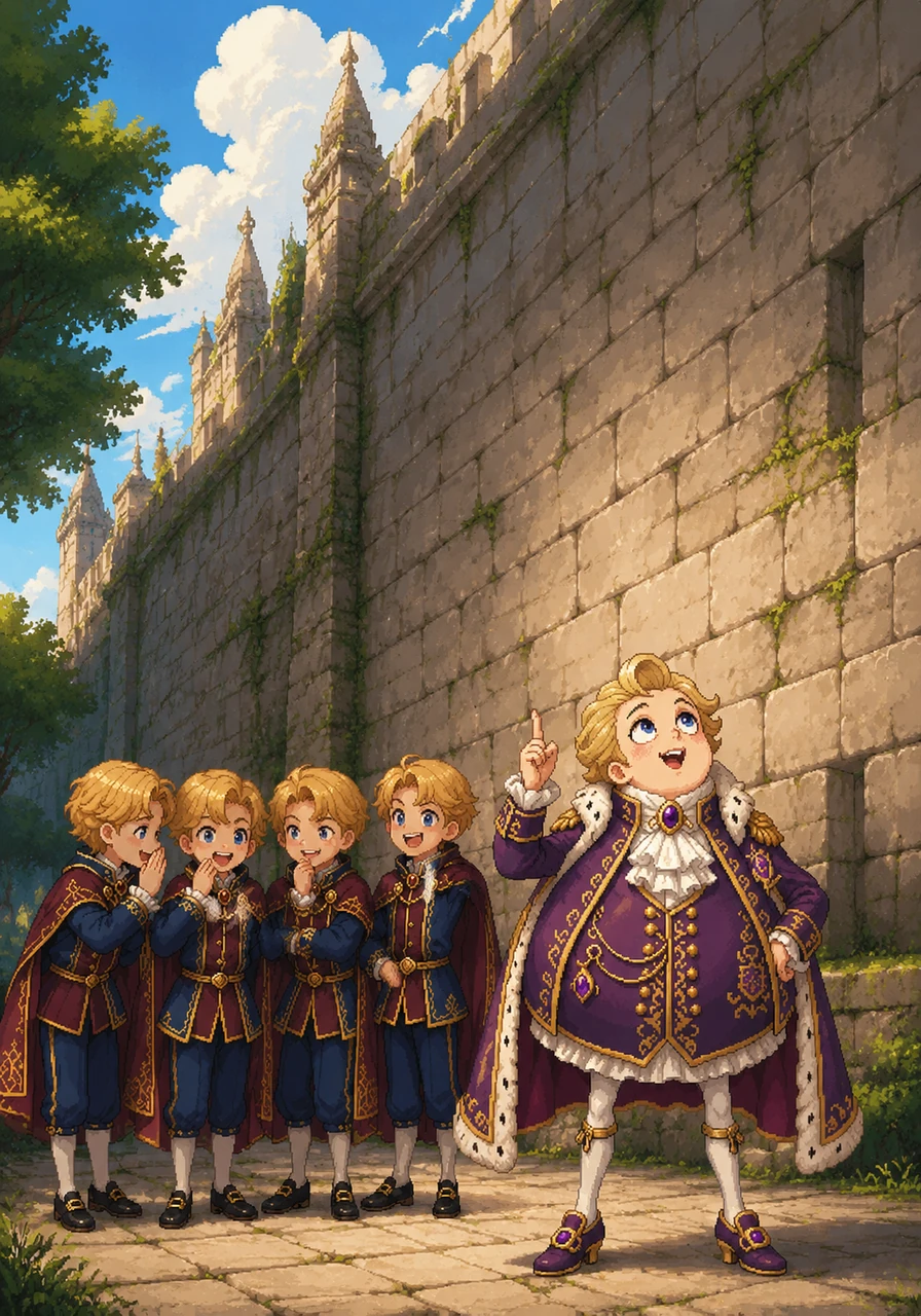 One sunny afternoon, Millie Lilly met her friends by the ancient, towering stone wall that bordered the royal courtyard. Her friends giggled and whispered, pointing up at the dizzying height of the stone structure.