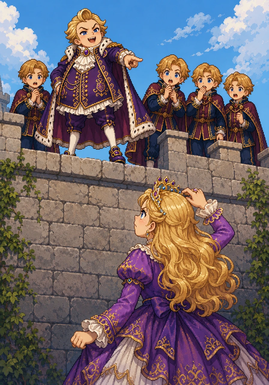 One of the mischievous duke's sons pointed at the top of the wall and dared Millie Lilly to stand on it without falling. Feeling her royal pride slighted, Millie Lilly scoffed, adjusted her sparkling tiara, and accepted the challenge without a second thought.