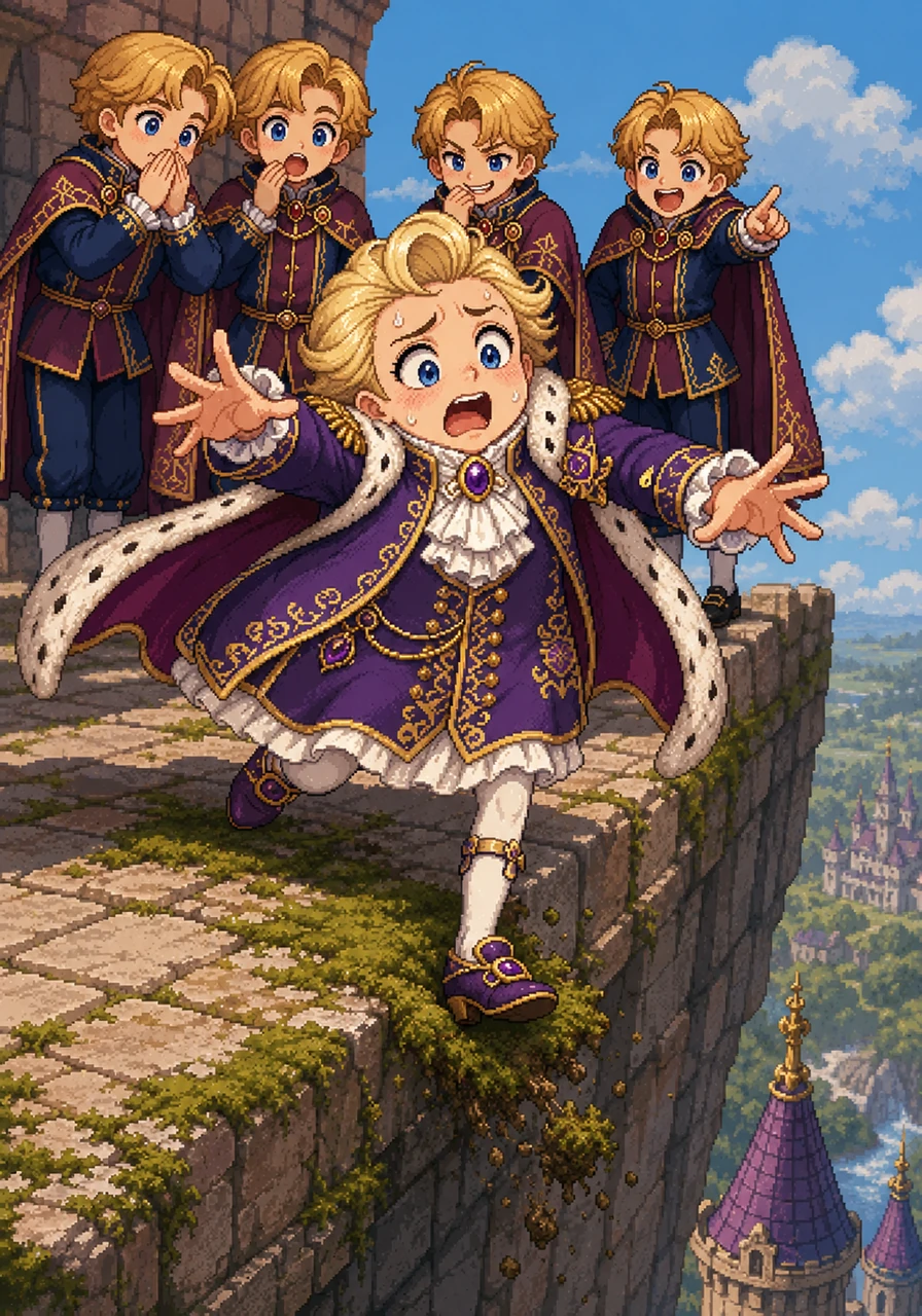 Suddenly, Millie Lilly's shiny shoe slipped on a patch of loose moss at the edge of the wall. Her eyes widened in absolute terror as she lost her balance, her tiny hands reaching out for a support that wasn't there.