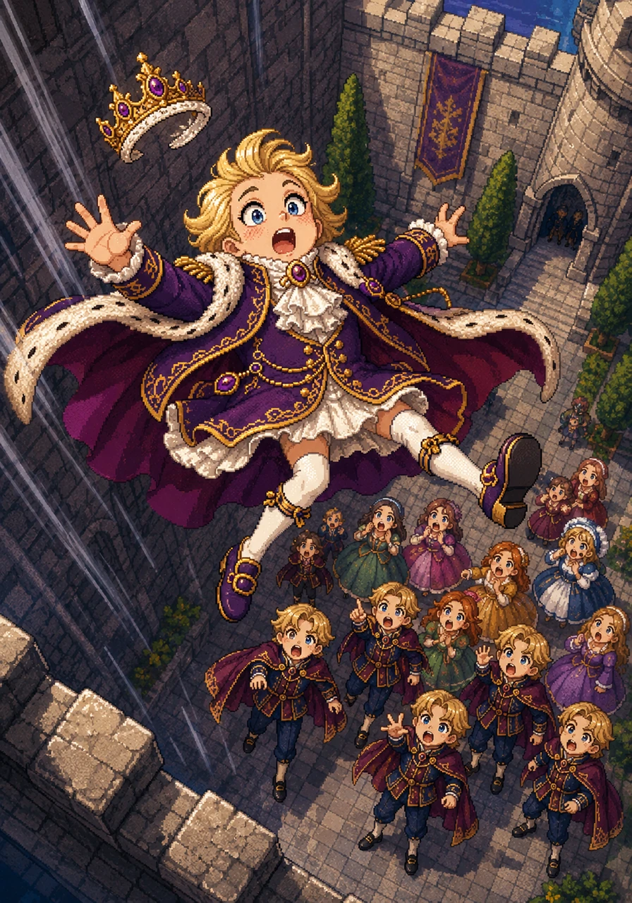 With a loud gasp from the crowd below, Millie Lilly tipped over the edge and plunged through the air. The wind rushed past her as her glittering tiara flew off her head, tumbling down into the courtyard.