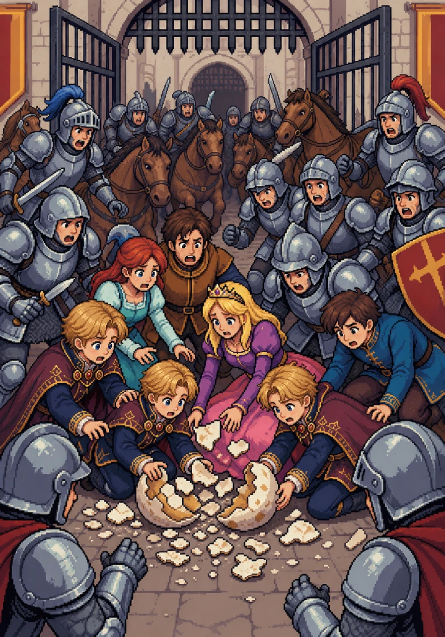 All the king's horses and all the king's men came rushing out of the palace gates, their armor clanking loudly in panic. They gathered around the fallen princess, frantically trying to figure out how to put the spoiled royal egg back together again.