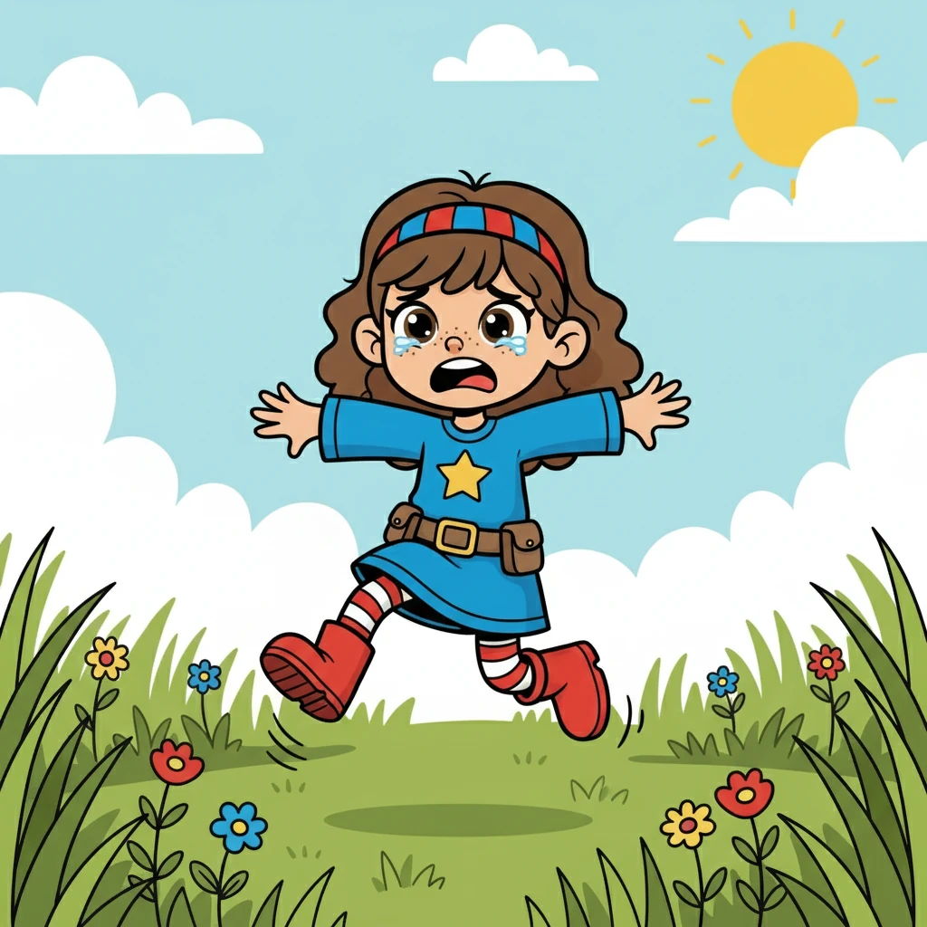 Lucy skipped through the sunny meadow, her red boots crunching on the grass. She hummed a happy tune, enjoying the beautiful day. Suddenly, she stopped. "I can’t find my favorite toy anywhere!" she said, her smile turning upside down.
