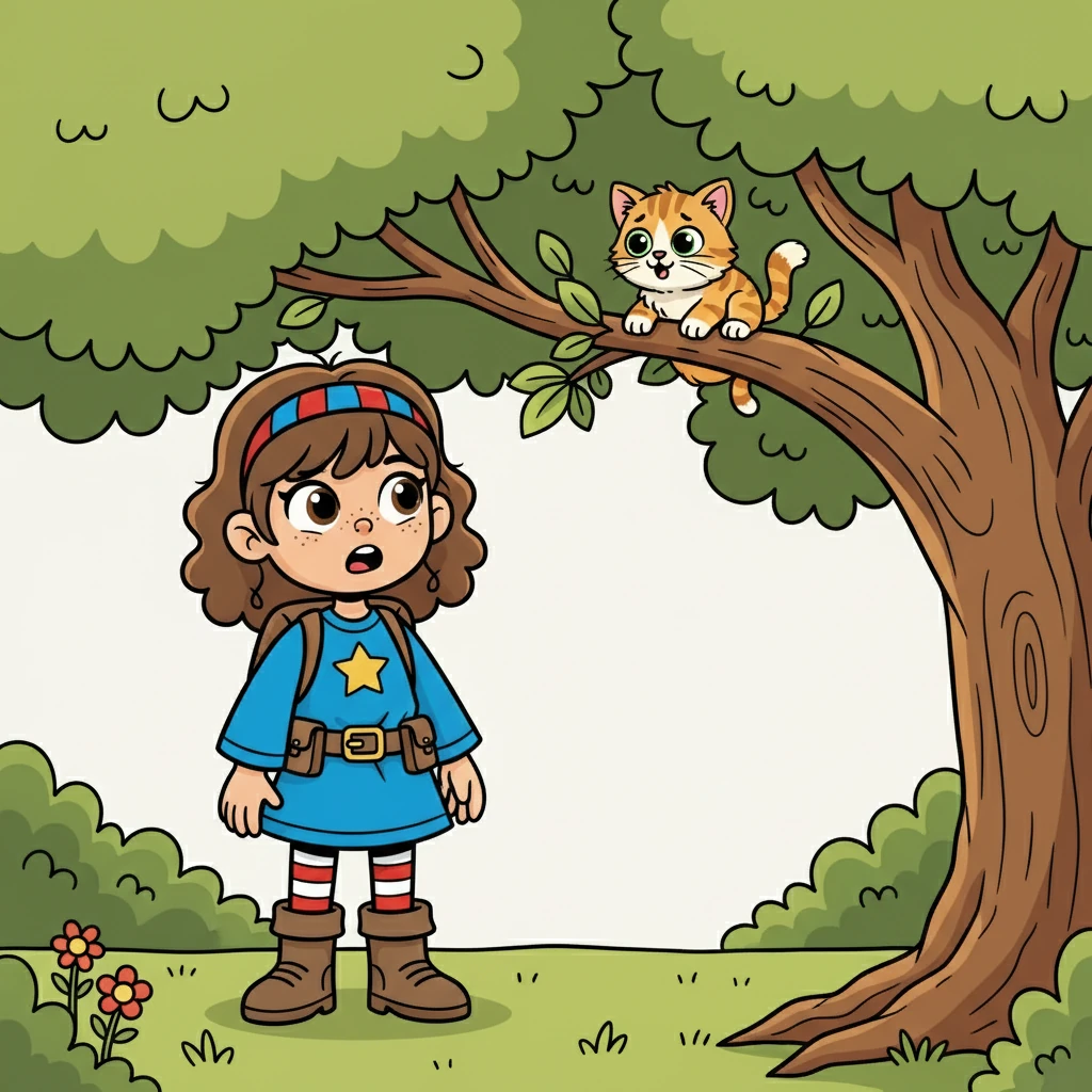 As Lucy searched, she heard a tiny 'meow'. She followed the sound and found a small, fluffy kitten stuck in a tree. "Oh no!" she cried.