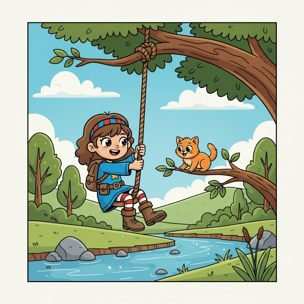 Lucy spotted a sturdy rope hanging from a branch. "I can swing to reach you!" she announced to the kitten. She grabbed the rope and began to swing.