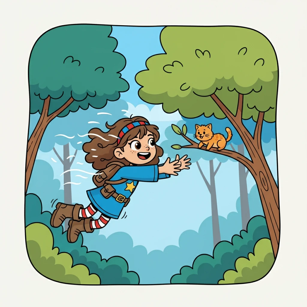 With a mighty swing, Lucy flew through the air! She reached out her arms, ready to catch the kitten. The wind rushed past her face as she approached the tree.