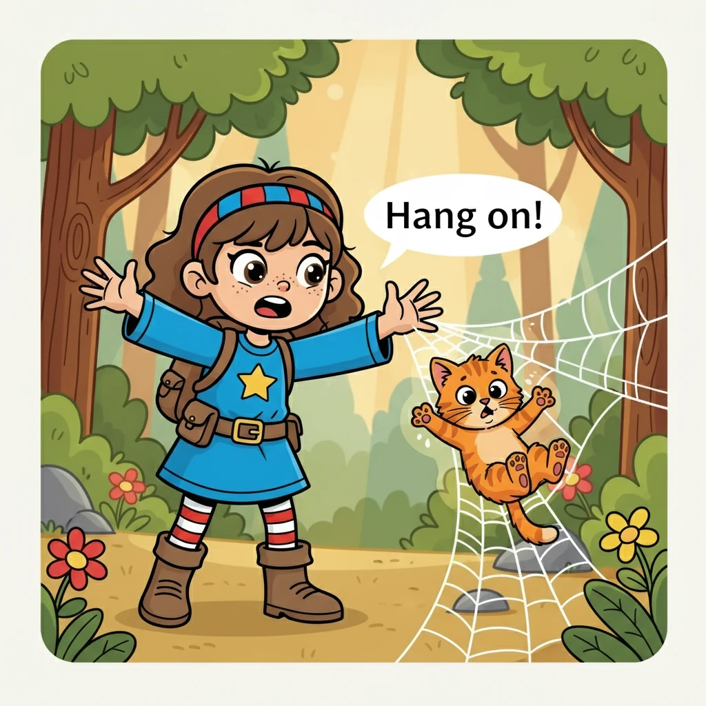 The kitten, seeing Lucy coming, started to climb down a web. "Hang on!" Lucy shouted as the kitten slipped. She extended her hand to catch the kitten.