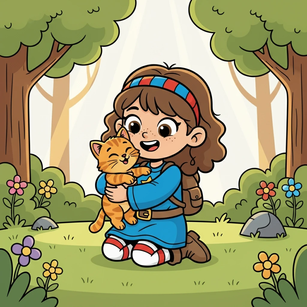 Lucy landed safely, the kitten nestled in her arms. "Got ya!" she exclaimed, hugging the kitten. The kitten purred contentedly.