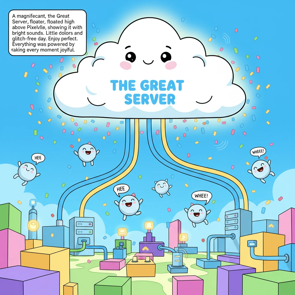 A magnificent, fluffy cloud, the Great Server, floated high above the vibrant land of Pixelville, showering it with bright colors and happy sounds. Li