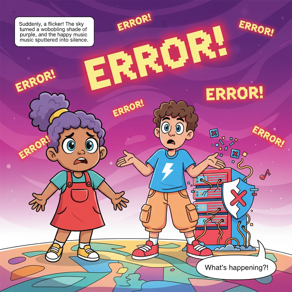 Suddenly, a flicker! The sky turned a wobbling shade of purple, and the happy music sputtered into silence. Giant, blocky "ERROR!" messages popped up