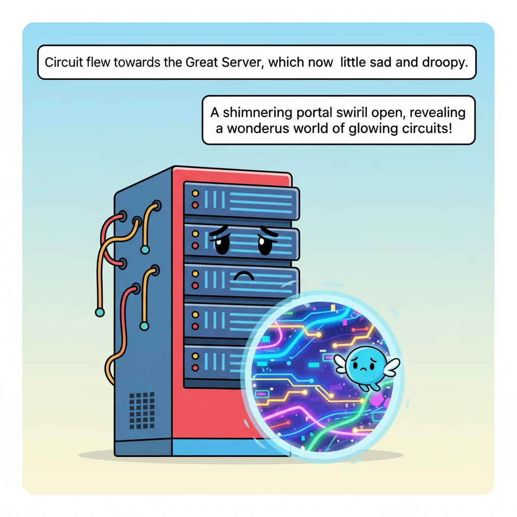 Circuit flew towards the Great Server, which now looked a little sad and droopy. A secret, shimmering portal swirled open at its base, revealing a won