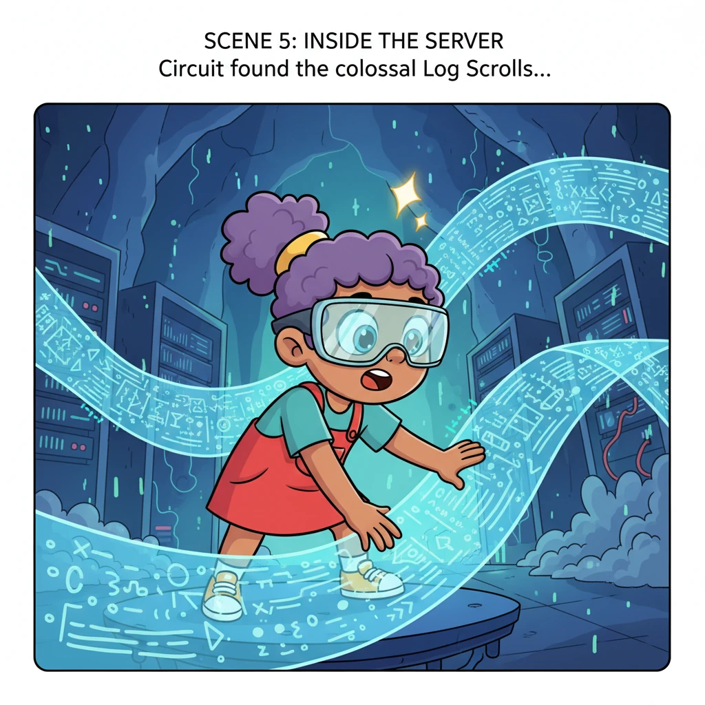 Inside, Circuit found the colossal Log Scrolls, unfurling themselves like ancient, glowing maps filled with jumbled code and mysterious symbols. Circu