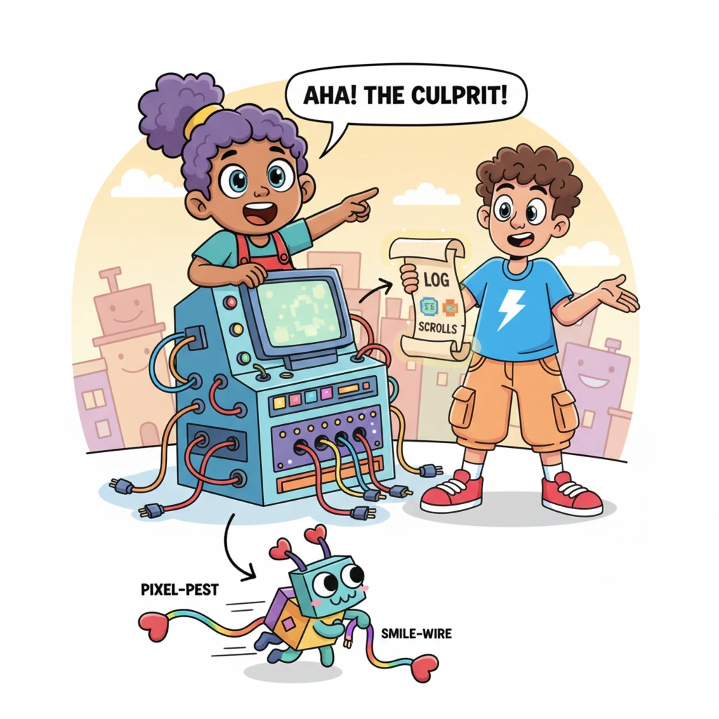 Aha! The Log Scrolls revealed the culprit: a cheeky, zippy Pixel-Pest had playfully yanked out the 'Smile-Wire' from the main Configuration Console. T