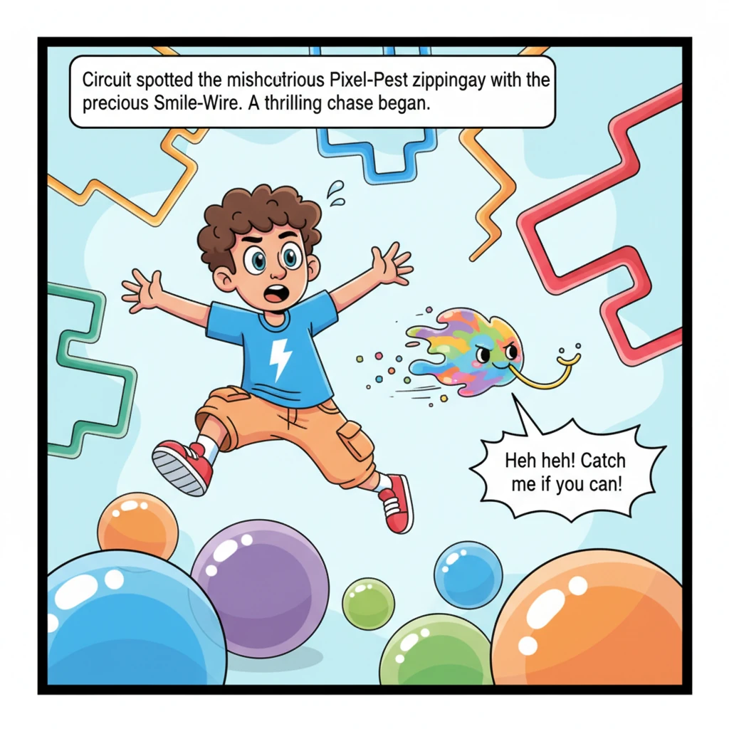 Circuit spotted the mischievous Pixel-Pest, a tiny blur of bright colors, zipping away with the precious Smile-Wire. A thrilling chase began through a