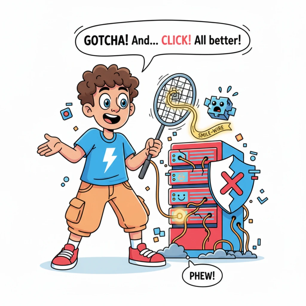 With a clever flick of the wrist, Circuit deployed a sticky 'Bug-Net', gently catching the surprised Pixel-Pest mid-air. Circuit carefully retrieved t