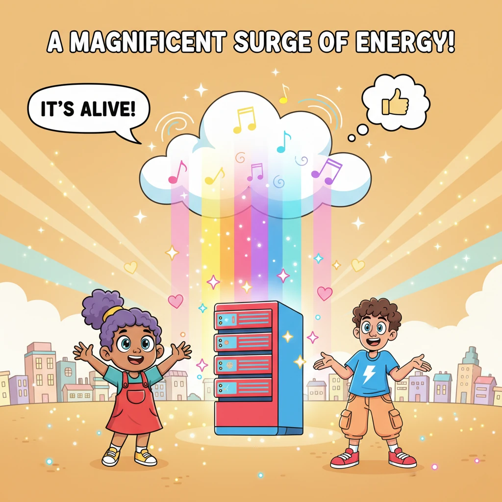 A magnificent surge of energy rippled through the Great Server, sending a wave of vibrant colors and clear, happy sounds back into Pixelville. The "ER