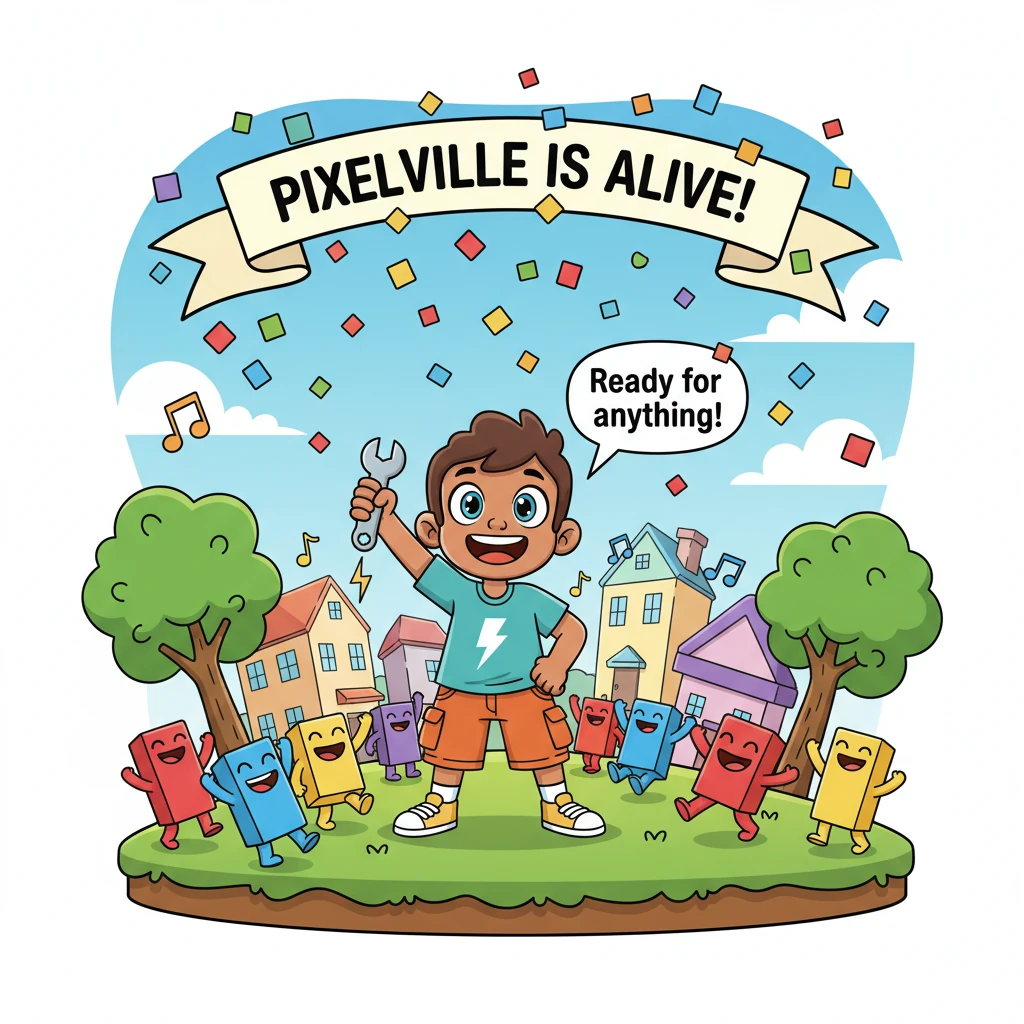 Down in Pixelville, the Pips cheered with delight as their world sprang back to life, colors bolder and music sweeter. Confetti rained down from the s