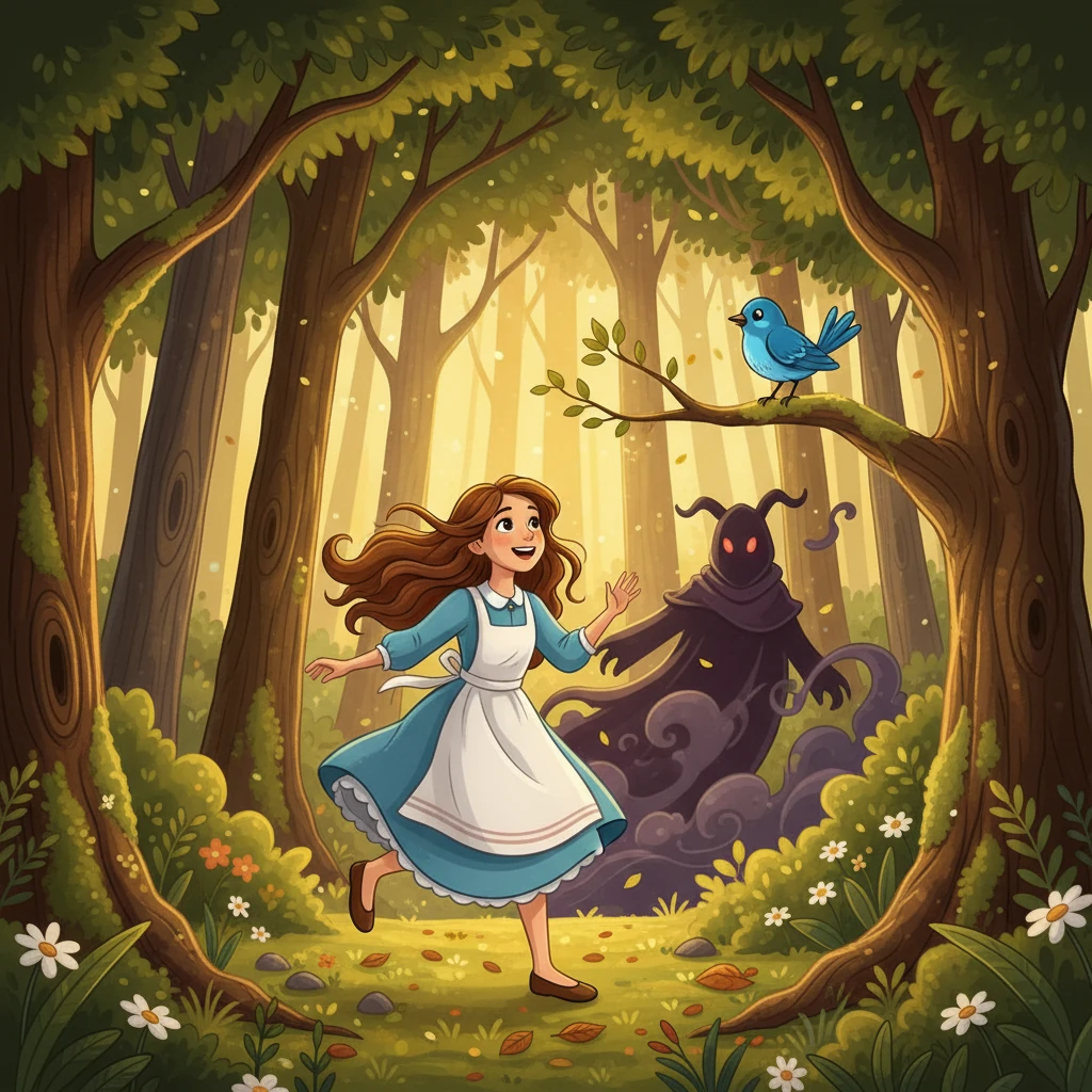 Elara loved playing in the Whispering Woods. While she was skipping through the trees one sunny afternoon, she heard a strange rustling. A shadowy figure emerged as she was admiring a bluebird.