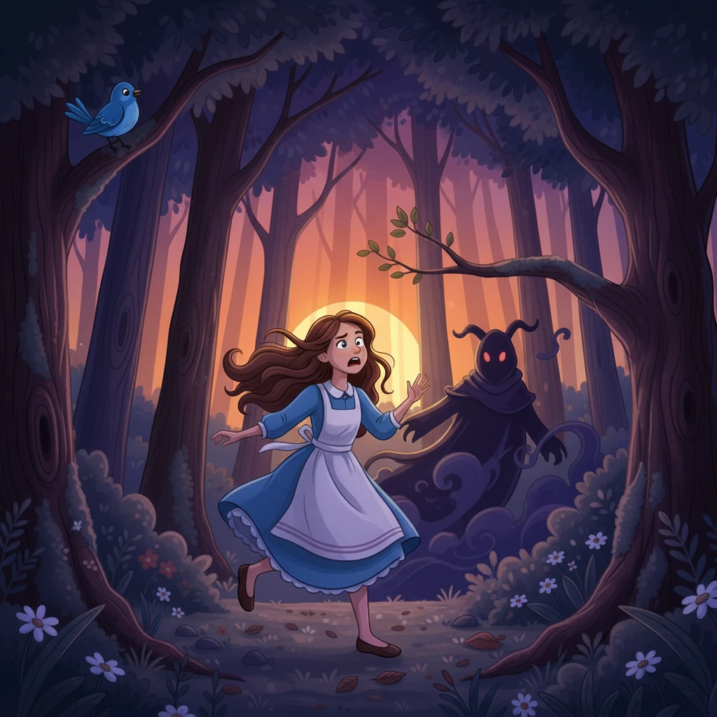 Elara tried to run, but before she could, a hand grabbed her. She was struggling as she was being carried away. Suddenly, she saw the last of the sunlight disappear behind the trees.