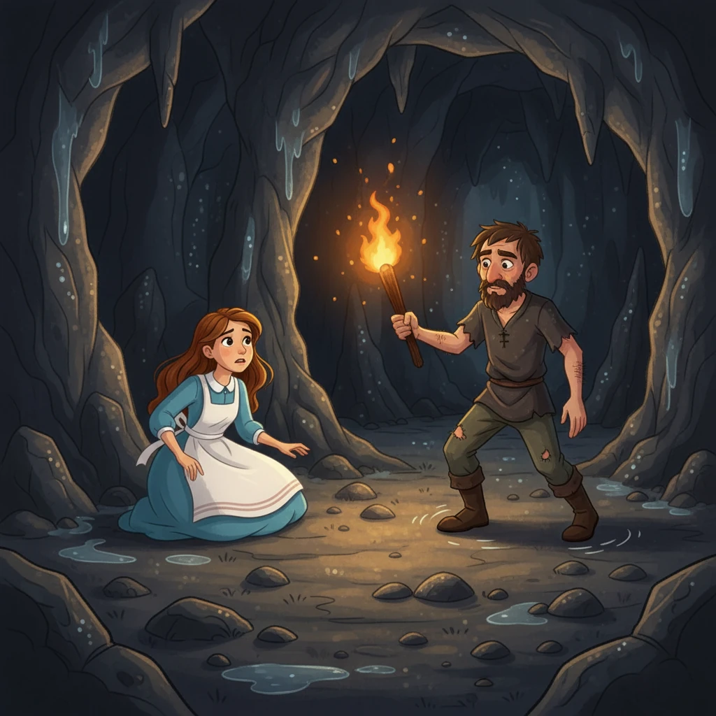 When Elara woke up, she was in a dark, cold cave. While she waited, she heard the echo of footsteps. The kidnapper, a shifty looking man, entered the cave with a torch.