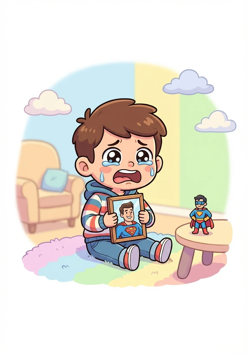 Ethan stares at a framed photo of his dad, a superhero action figure beside it. Tears stream down his face as he clutches the picture tightly.