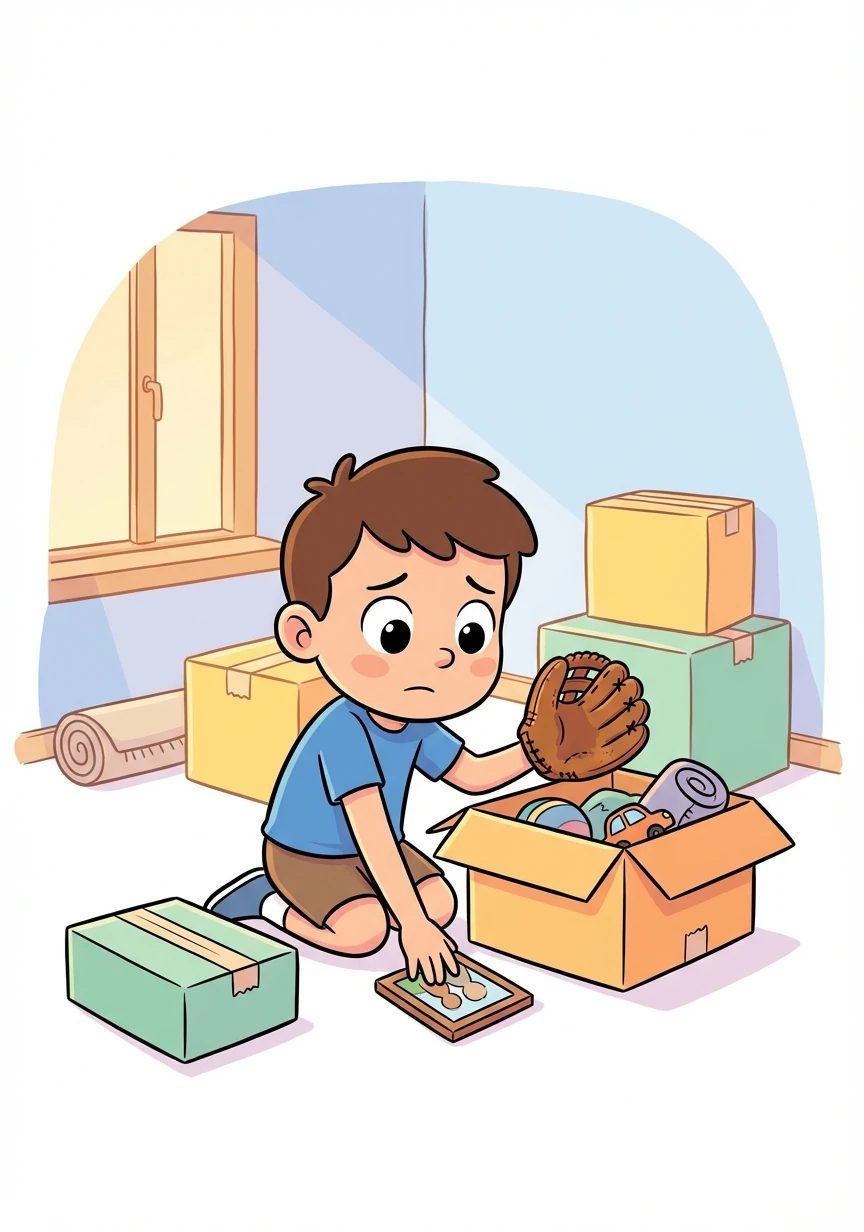 Ethan packs his belongings into boxes, the room feeling empty and unfamiliar. He pauses, holding a worn baseball glove, a memory flashing in his mind.