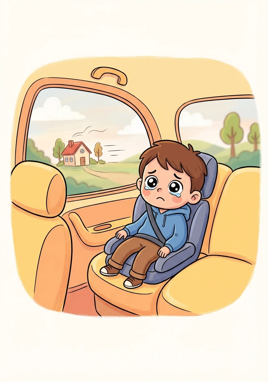 Ethan sits in the back of his mom's car, staring out the window as they drive away from his childhood home. The house shrinks in the distance, a symbol of everything he's lost.