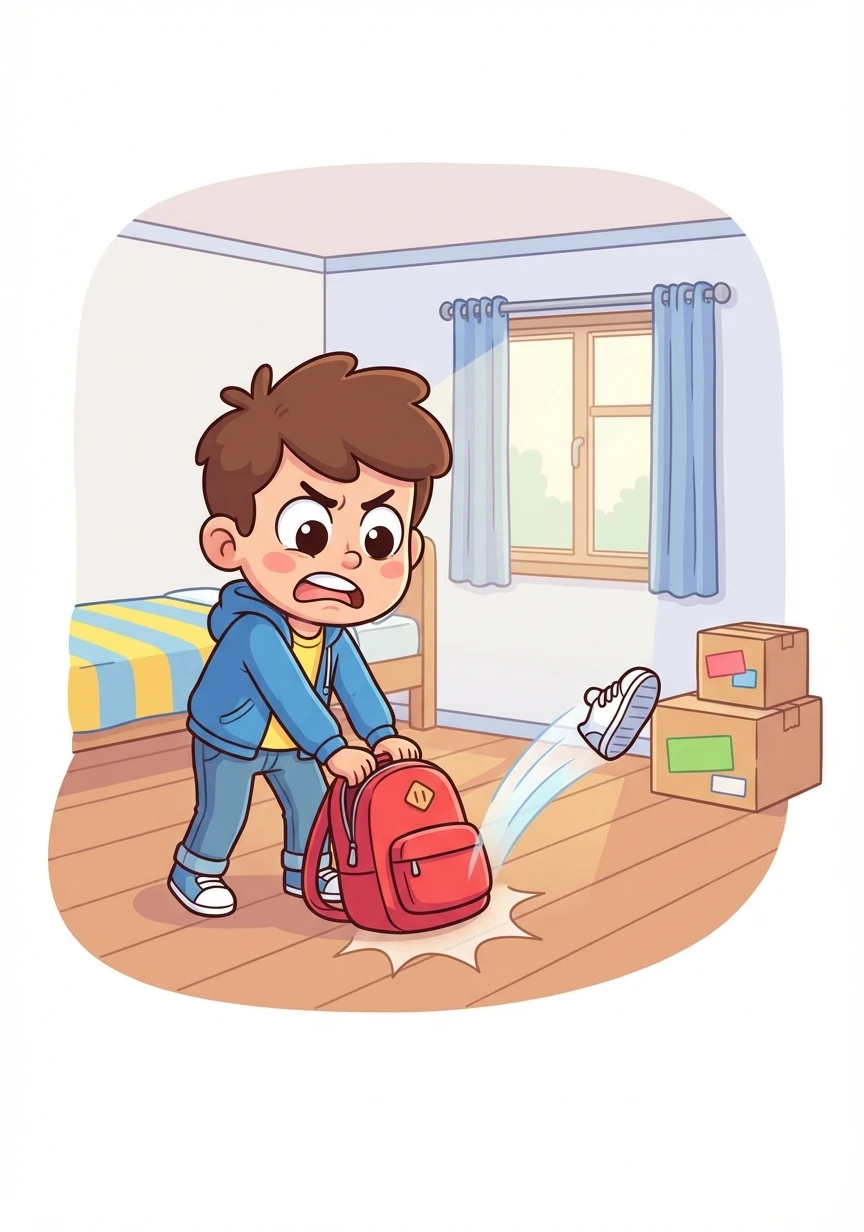 Ethan slams his backpack onto the floor of his new room, the sound echoing his frustration. He kicks a stray shoe across the room.