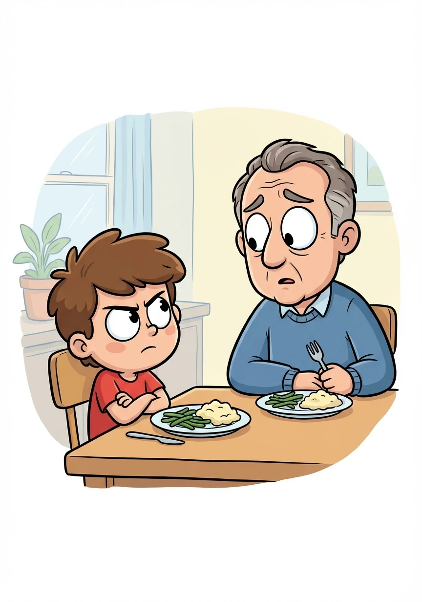 Ethan glares at Victor during dinner, his eyes filled with resentment. He refuses to make eye contact or engage in conversation.