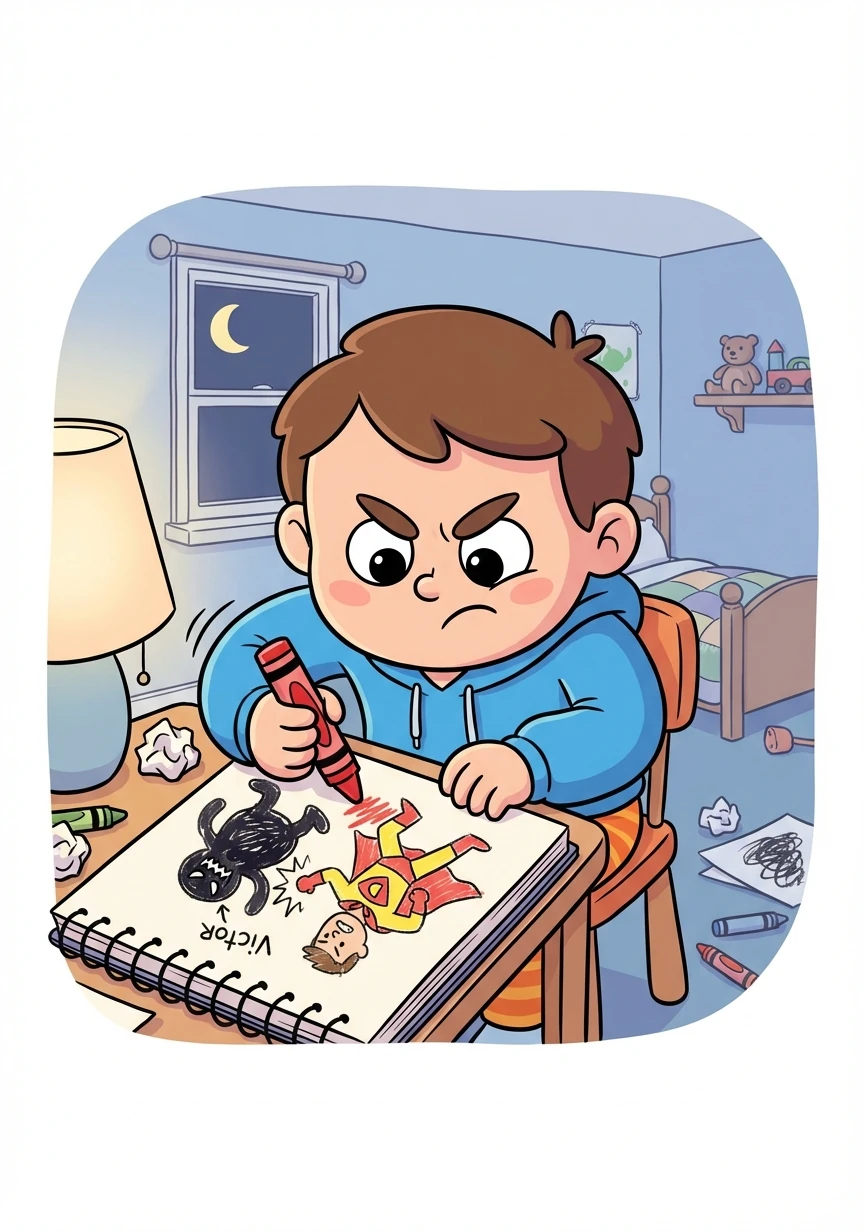 Ethan sits alone in his room, sketching angrily in his notebook. He draws a picture of his dad as a superhero, battling a shadowy figure representing Victor.