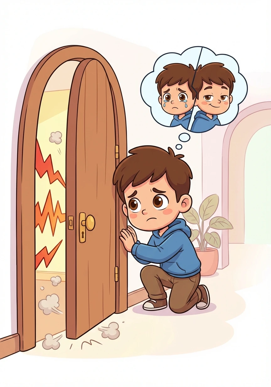 Ethan overhears his mom and Victor arguing in the next room, their voices raised in anger. He feels a mix of sadness and vindication.